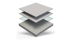 Three layer cementitious resinous flooring system installation diagram digital render — Bay to Bay Resinous Coatings proprietary systems